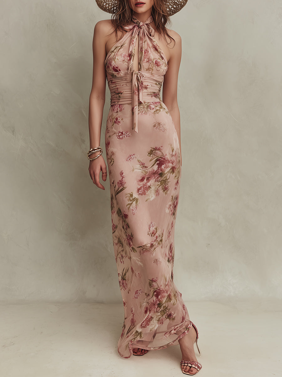 Lia | Elegant Floral Halter Backless Maxi Dress by Qivii