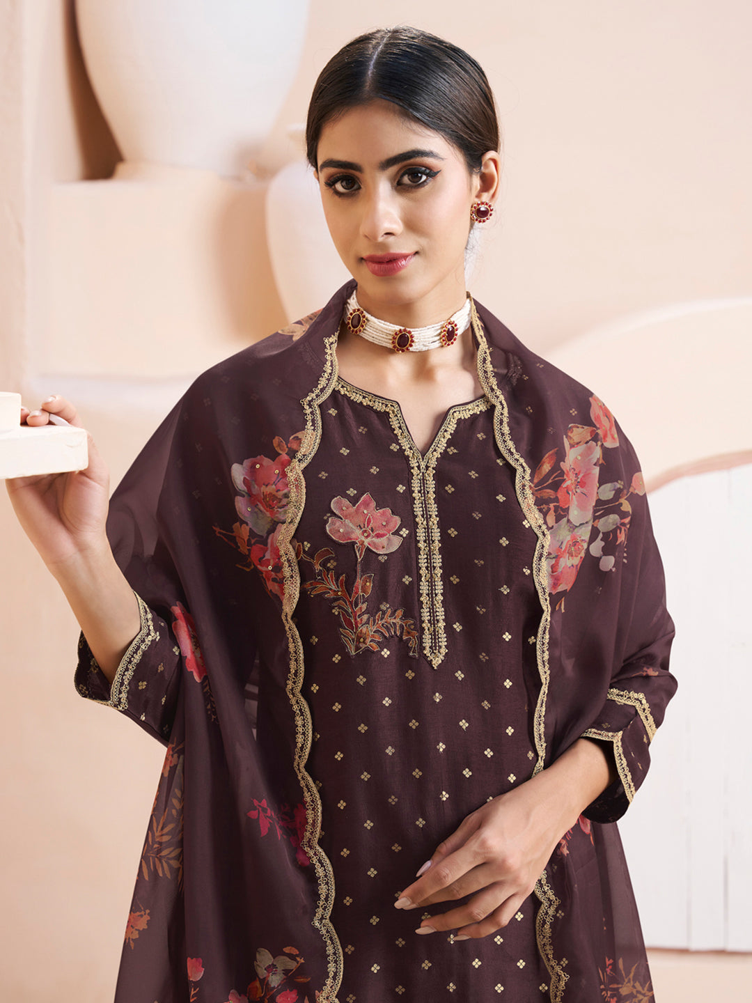 Seal Brown Applique Jacquard Kurta with Floral Print Dupatta by Qivii