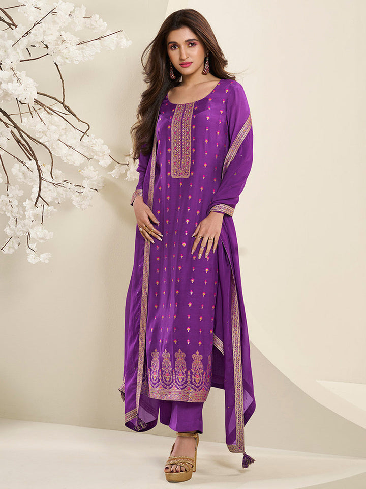 Midnight Purple Muslin Jacquard Kurta Suit Set with Multi Contrast Thread Weave and Paisley Pattern Daman by Qivii