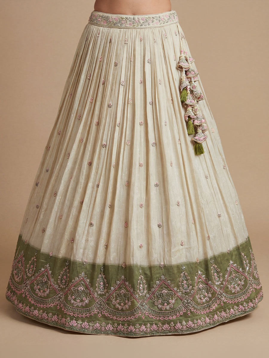 Cream & Olive Color Jacquard Tissue Sequined Embroidered Lehenga set