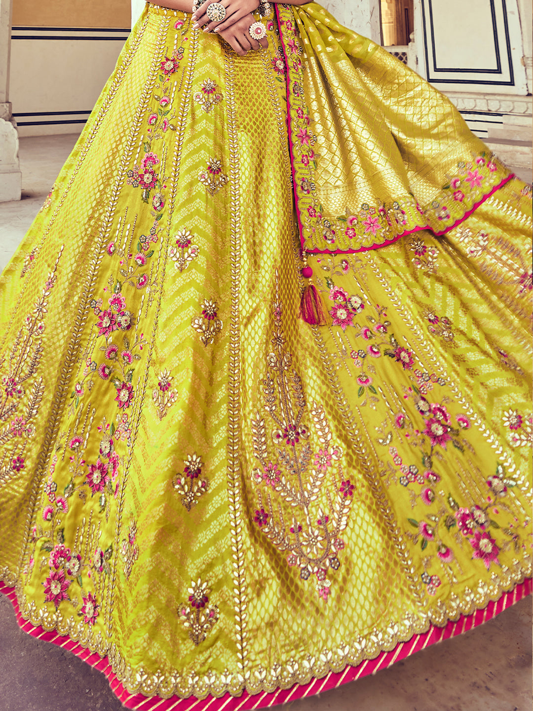 Yellow Heavy Gota Pati Patch Hand Work Banarasi Silk Semi Stitched Lehenga Choli