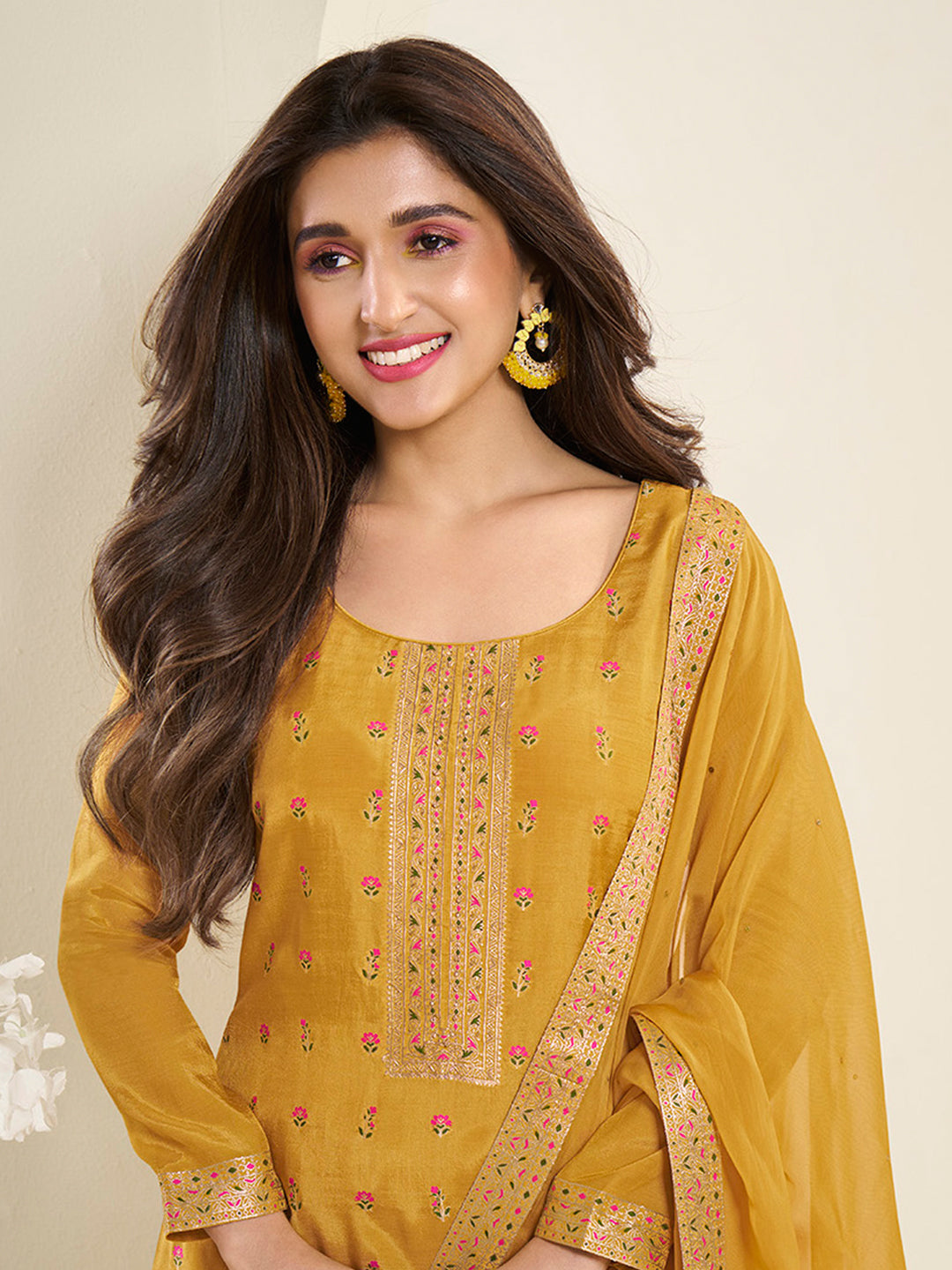 Amber Yellow Muslin Jacquard Kurta Suit Set by Qivii