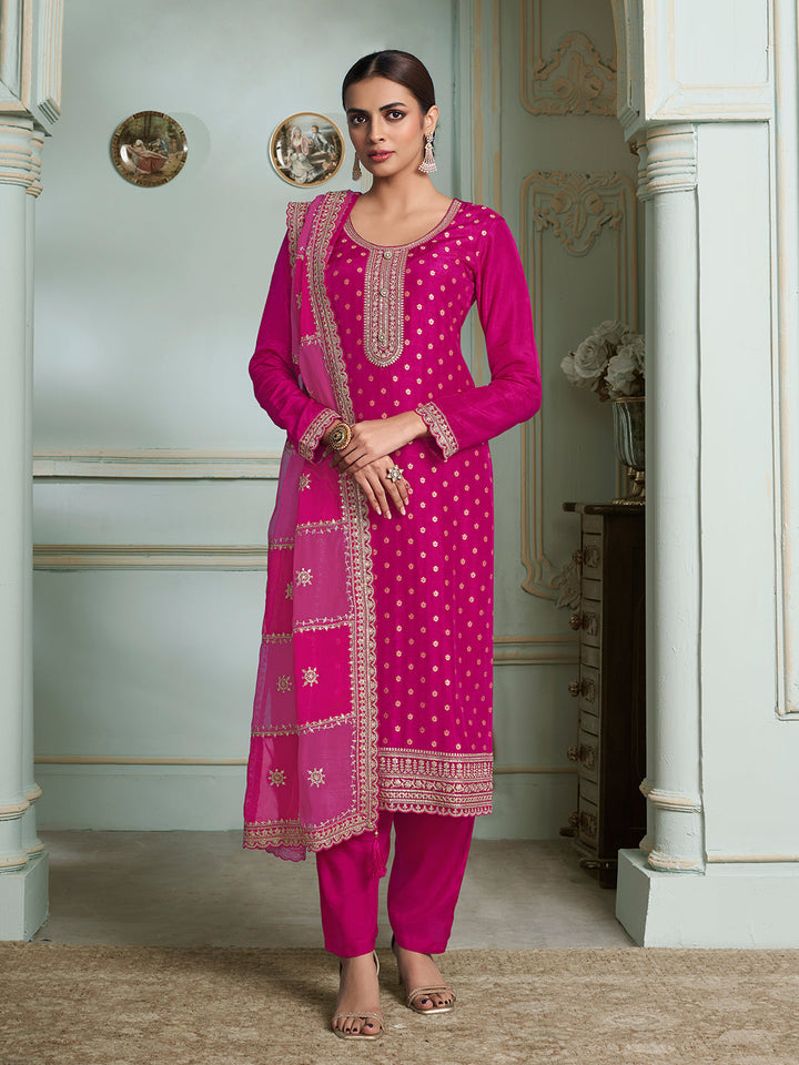 Hot Pink Dola Jacquard with Heavy Sequins Embroidery Kurta Suit set by Qivii