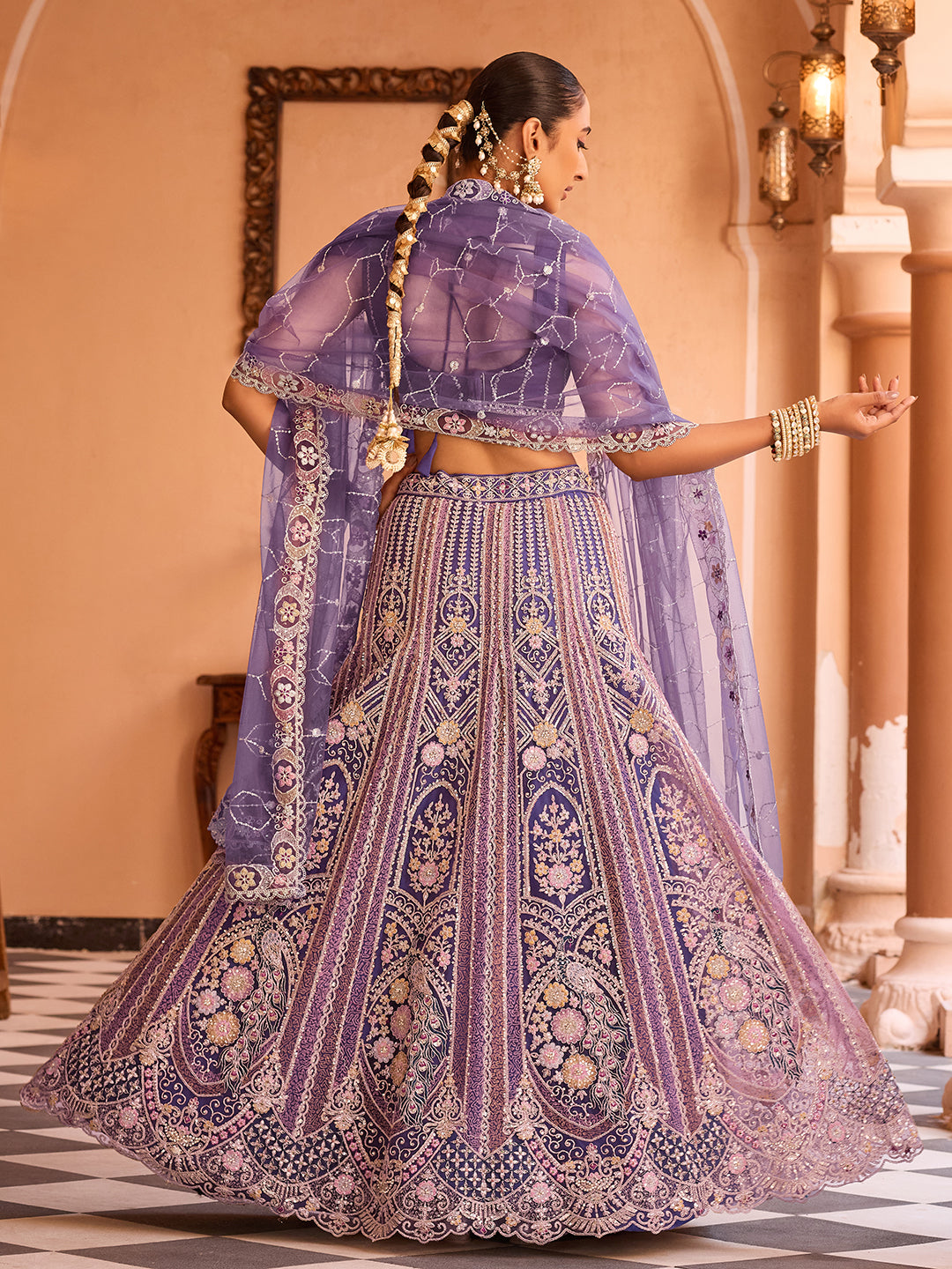 PURPLE - Net Fabric Sequins embroidery Semi-Stitched Lehenga & Unstitched Blouse With Dupatta