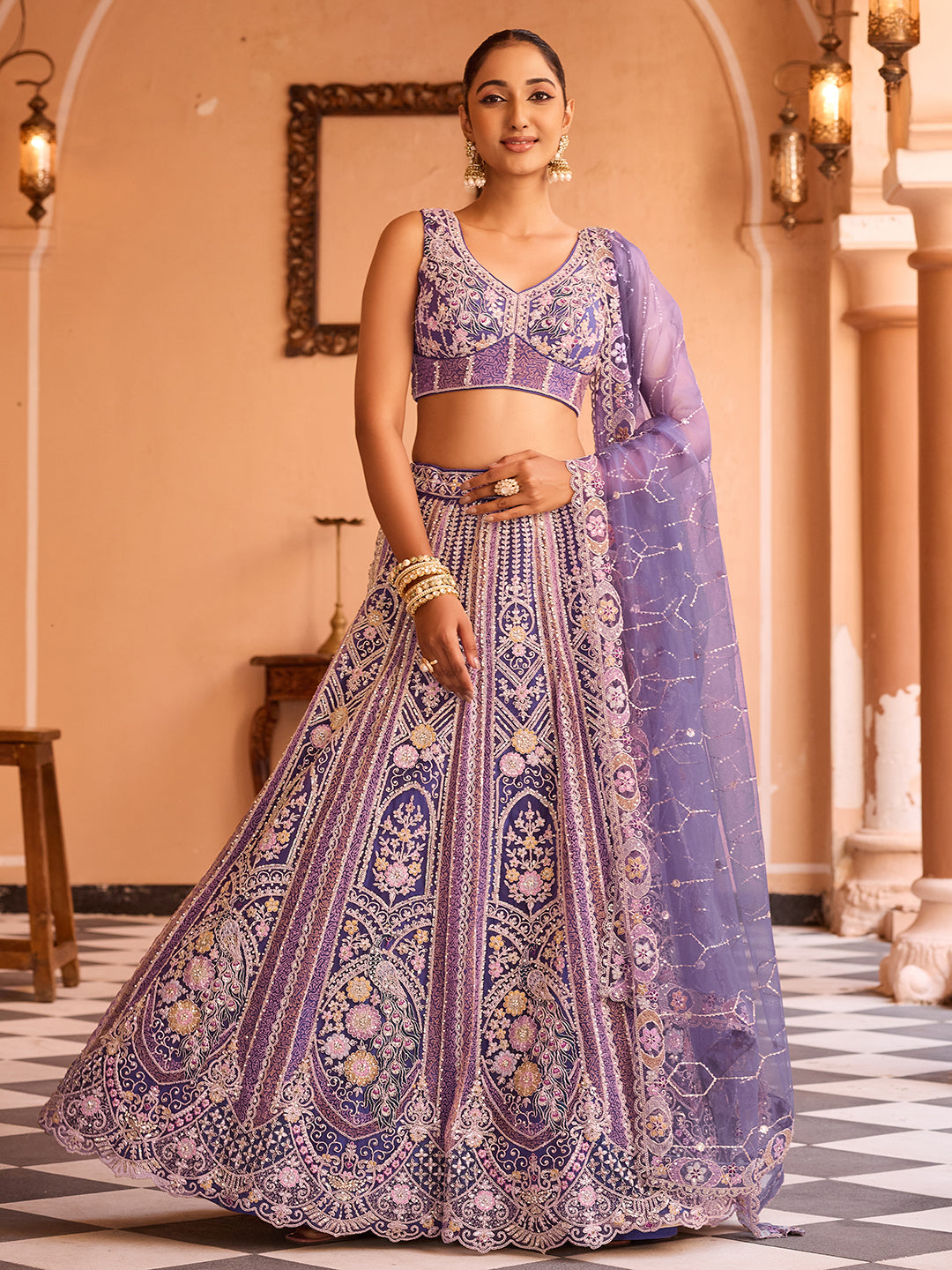 PURPLE - Net Fabric Sequins embroidery Semi-Stitched Lehenga & Unstitched Blouse With Dupatta