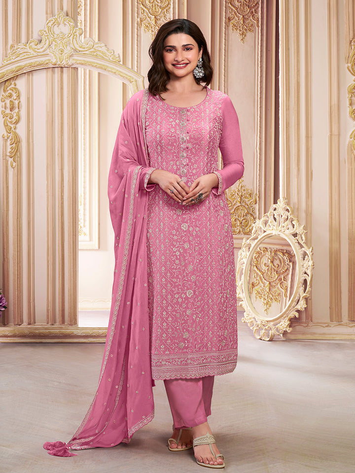 Pink White Thread Embroidered Kurta Suit Set by Qivii