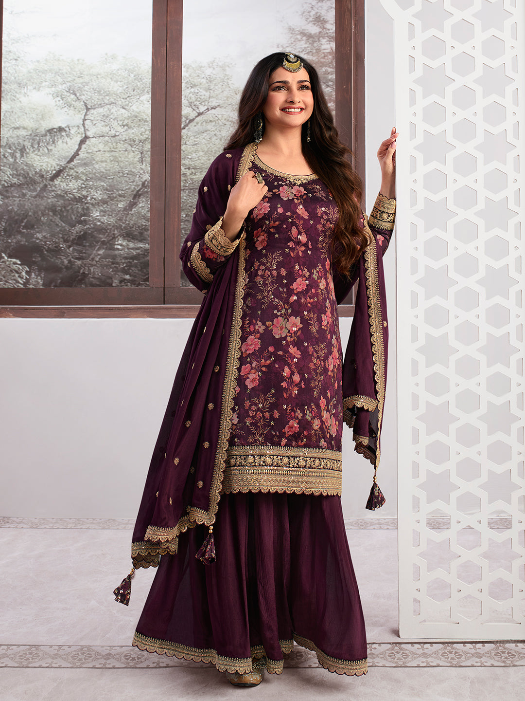 Wine Printed with Embroidered Sharara Suit Set