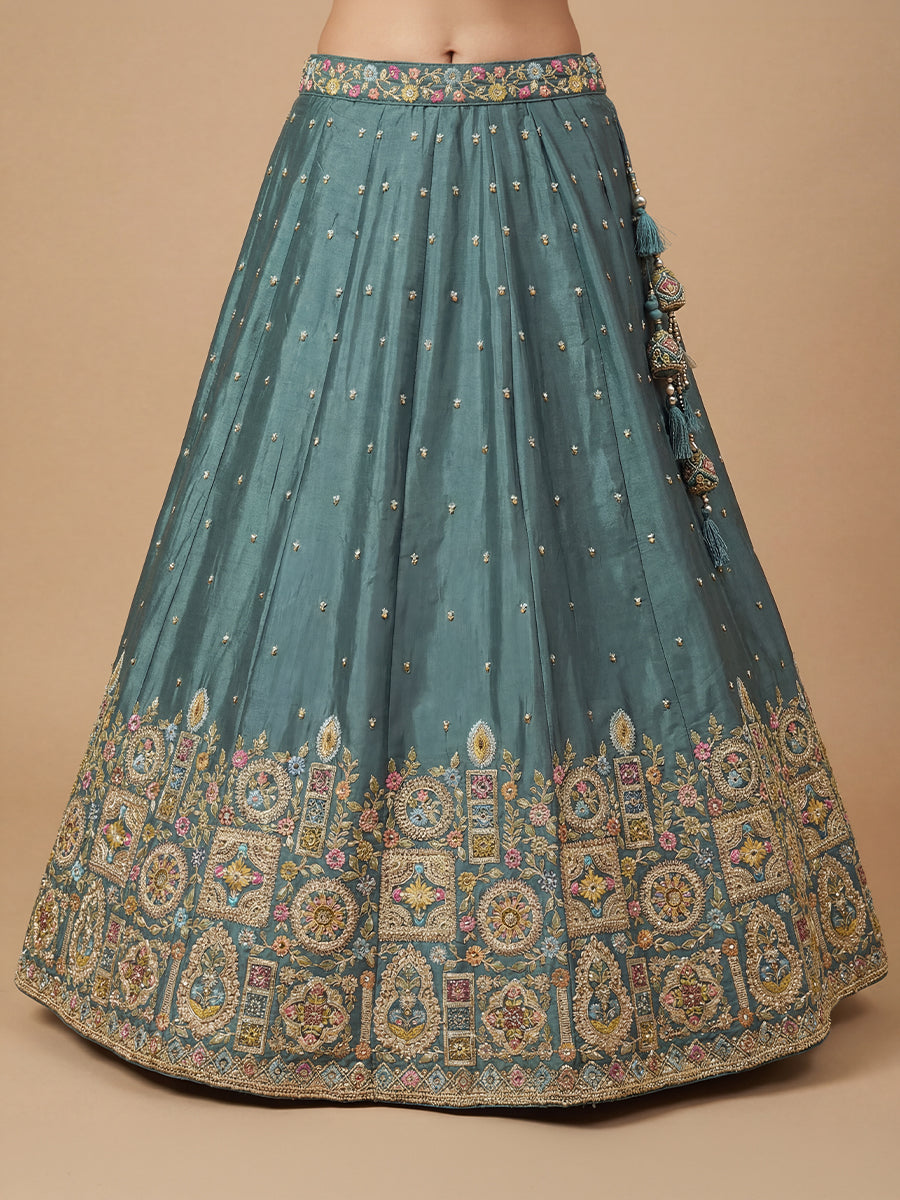 Teal Color Satin Silk Sequins & Multi-color Thread Embroidered Lehenga set