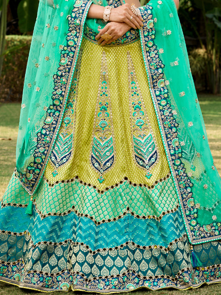 Yellow Silk Teal-Pista Embroidered Patch,Cut Work Semi Stitched Lehenga Choli