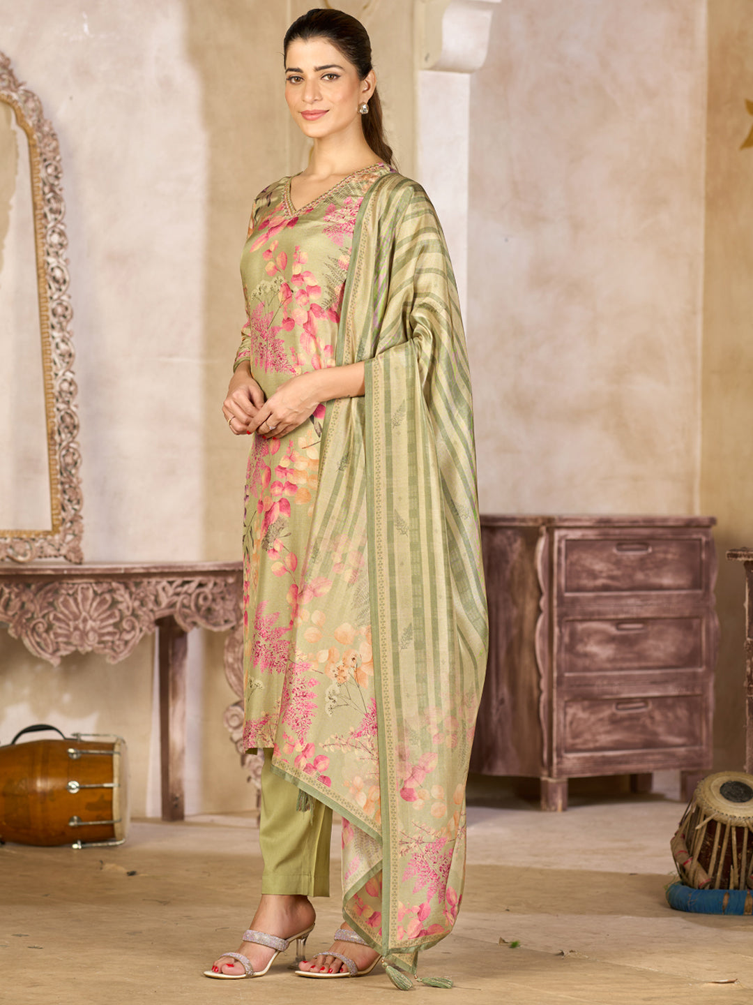 Pistachio Green Viscose Kurta Set with Floral Printed Work, Paired with Cambric Cotton Bottom and a Viscose Dupatta