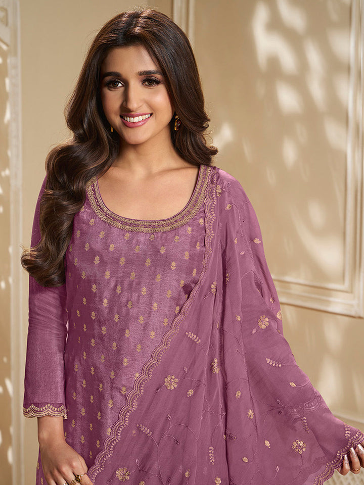 Light plum Dola Jacquard Kurta Suit Set with Embroidered with Thread and Sequins Work by Qivii