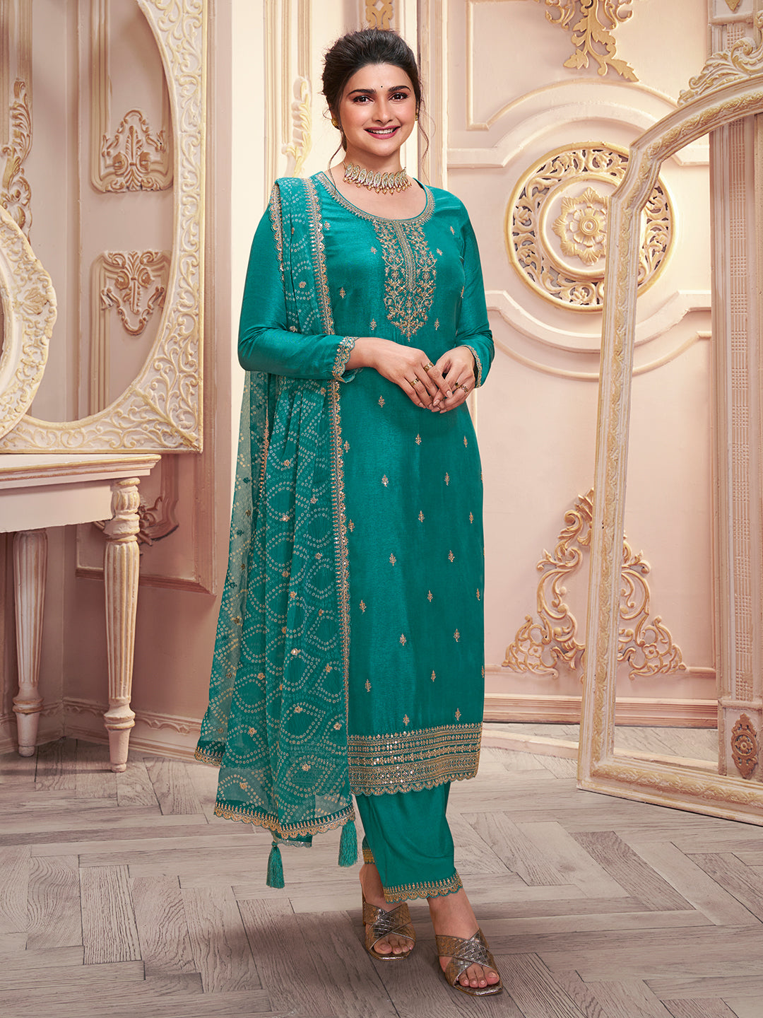 Sea Green Kurta Set Suit in Vichitra Sequins Embroidered