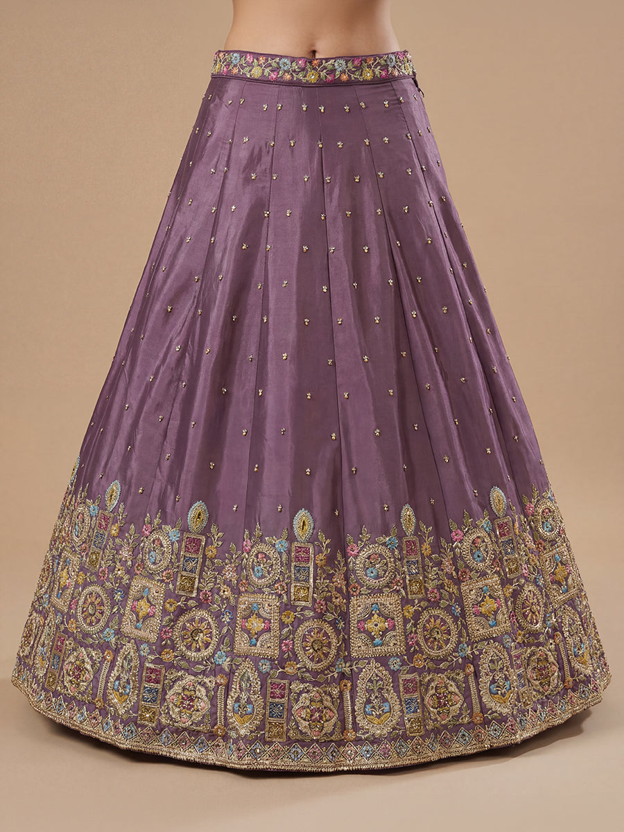 Lavender Color Satin Silk Sequins & Multi-color Thread Embroidered Lehenga set