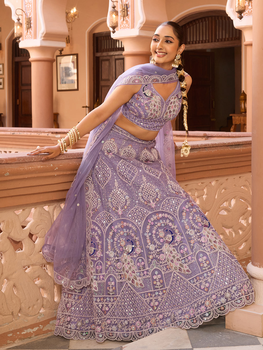 MAUVE - Net Fabric Sequins embroidery Semi-Stitched Lehenga & Unstitched Blouse With Dupatta