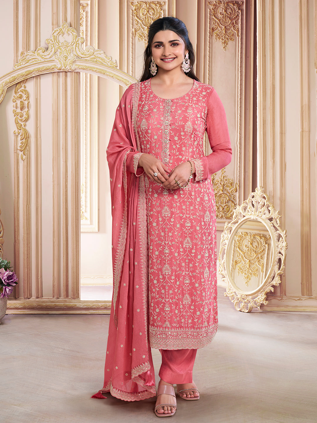 Peach White Thread Embroidered Kurta Suit Set