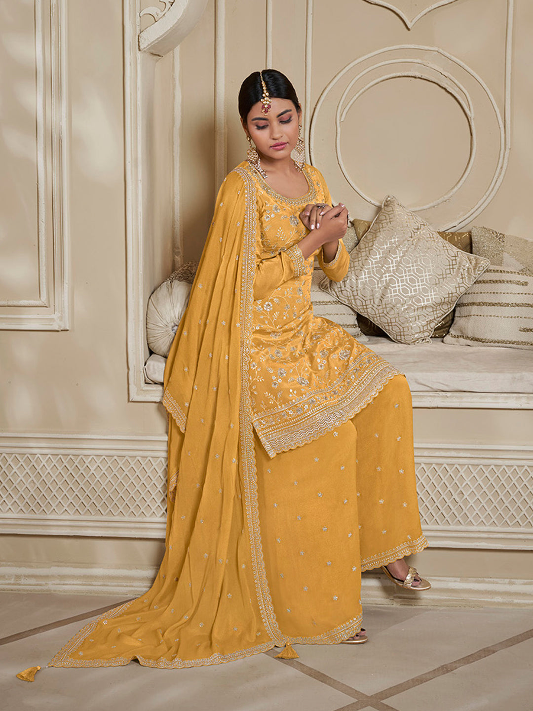 Yellow Floral Pattern, Thread and Sequins Embroidered Sharara Suit Set by Qivii