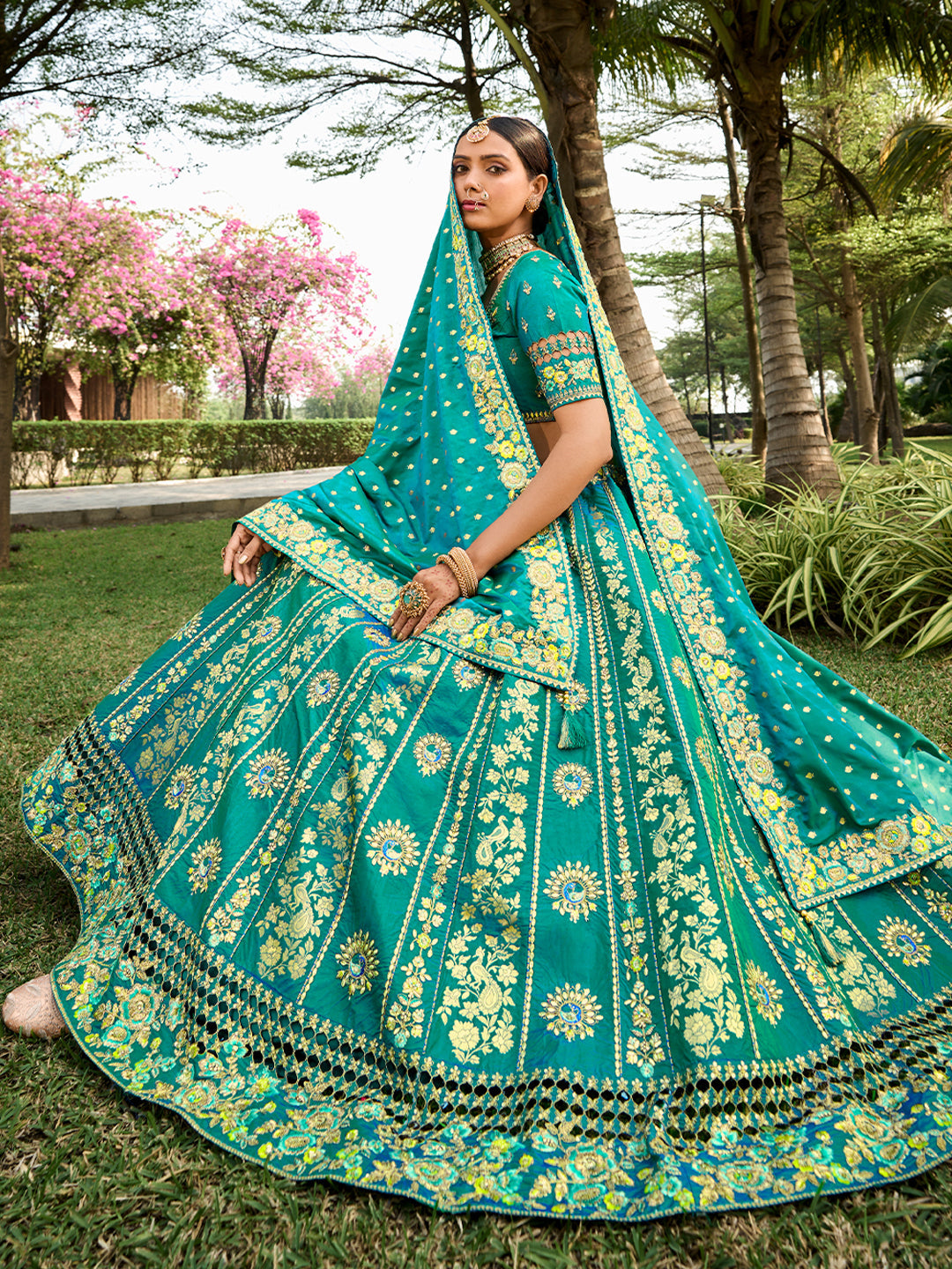 Teal Banarasi Silk Heavy Embroidered Cut Work Semi Stitched Lehenga Choli