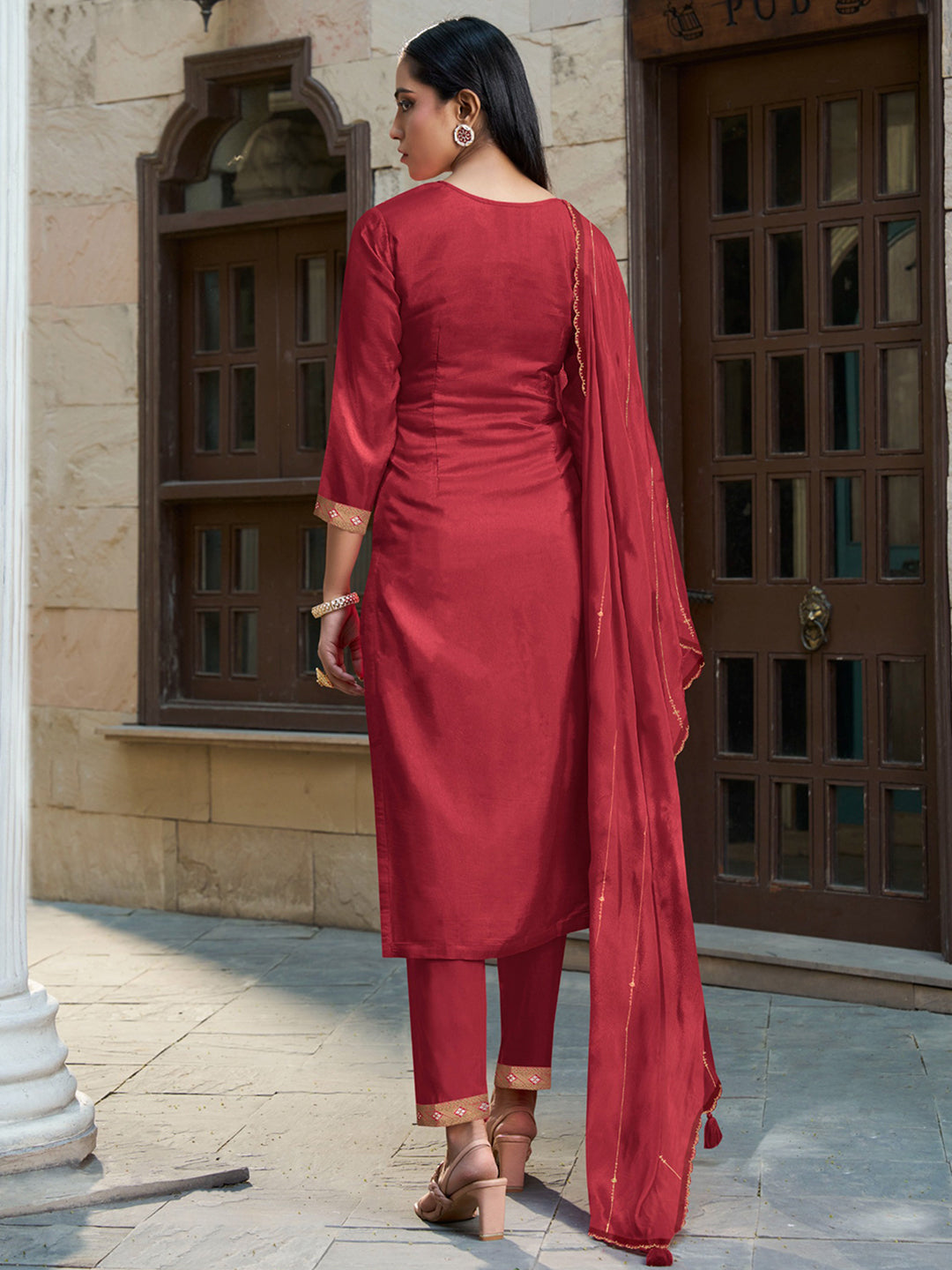 Scarlet Red Rose Exquisite Placement-Weaving Kurta Suit Set by Qivii