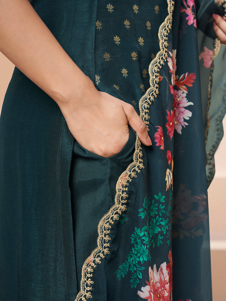 Dark Teal Green Applique Jacquard Kurta with Floral Print Dupatta by Qivii