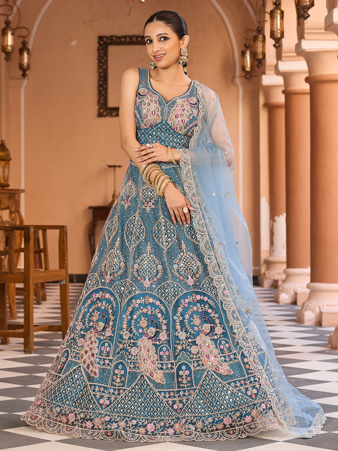 TEAL - Net Fabric Sequins embroidery Semi-Stitched Lehenga & Unstitched Blouse With Dupatta