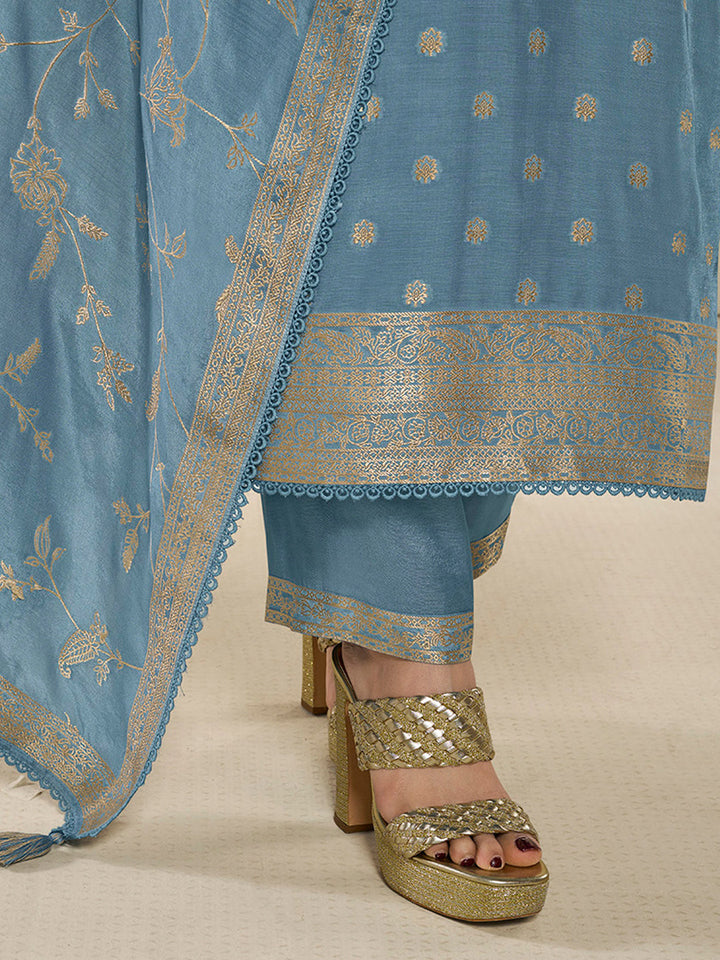 Sky Blue Muslin Jacquard Kurta Suit Set with Champagne Thread Weave and Pencil Sketch Weave Yoke by Qivii