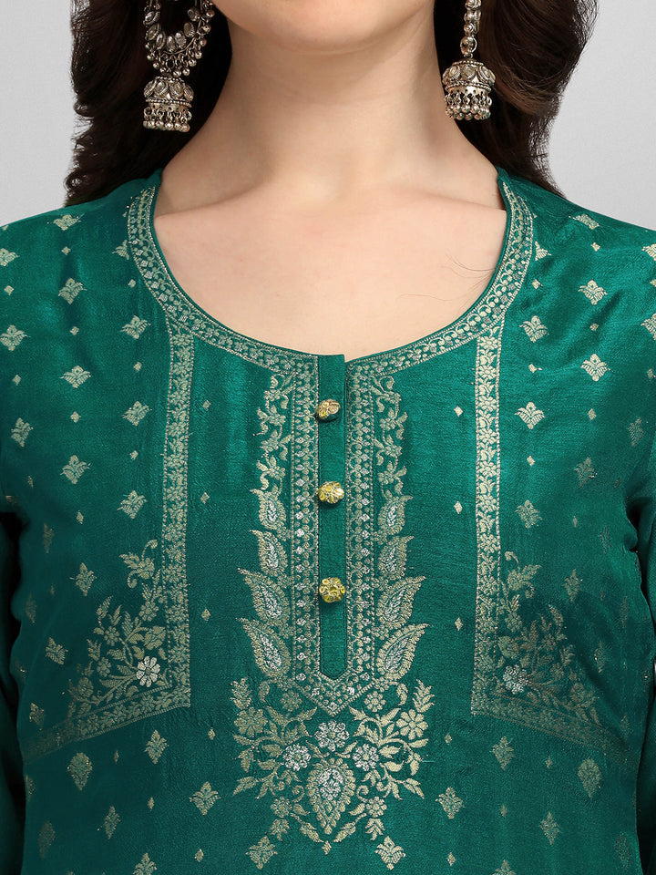 Green Panel Jacquard Kurta Suit Set by Qivii