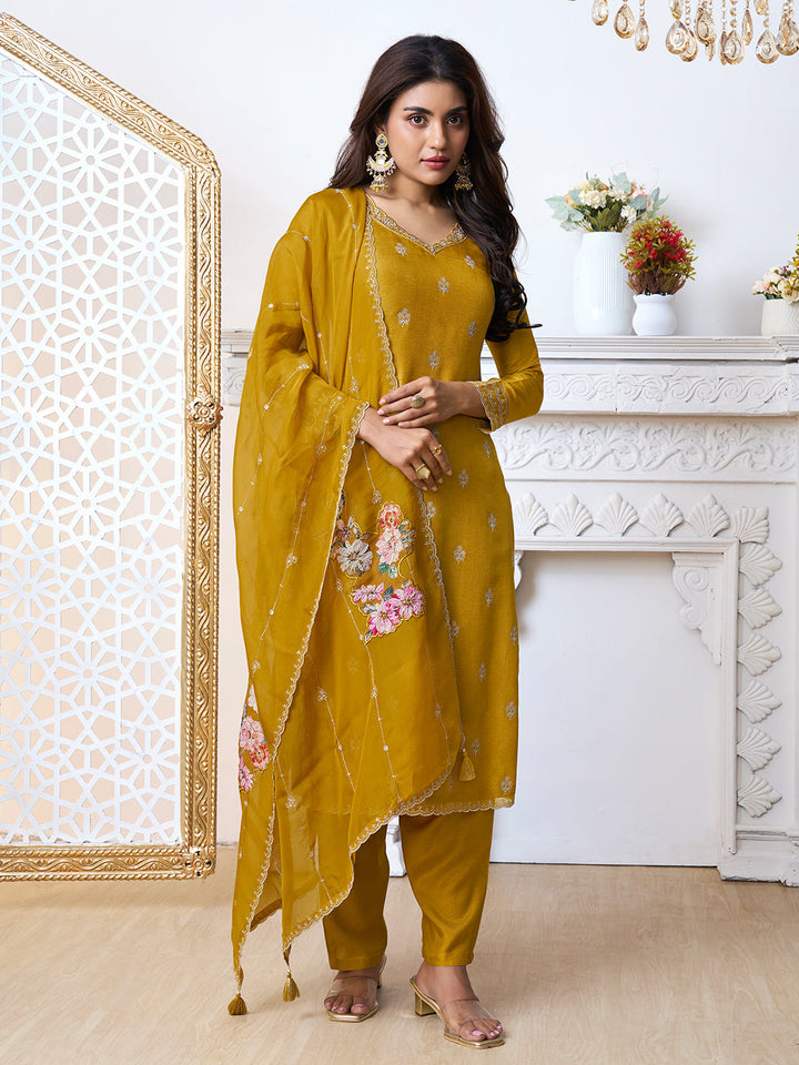 Mustard Yellow Cutwork Neckline Dola Silk Kurta Suit Set with Floral Aplique Dupatta by Qivii