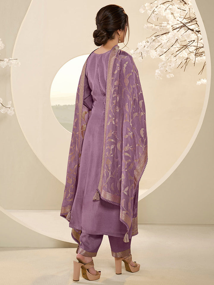 Wisteris Purple Muslin Jacquard Kurta Suit Set with Champagne Thread Weave and Pencil Sketch Weave Yoke by Qivii