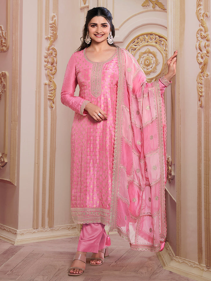 Pink Dola Jacquard with Heavy Sequins Embroidery Kurta Suit set by Qivii