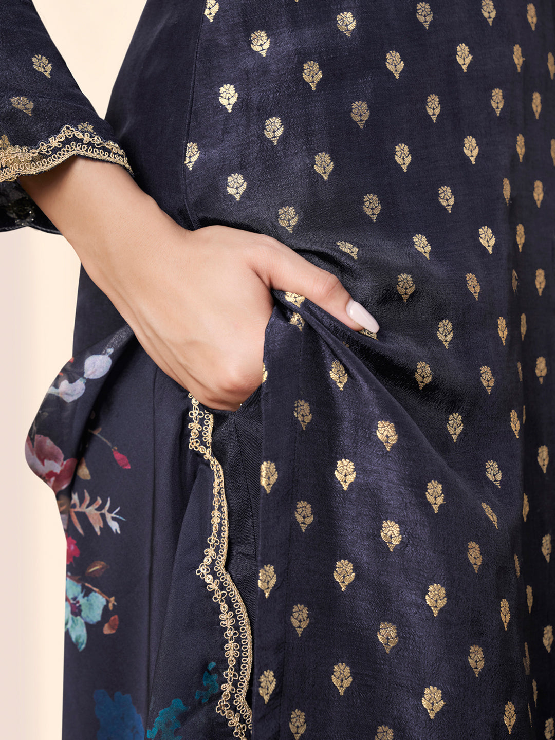 Dark Blue Black Applique Jacquard Kurta with Floral Print Dupatta by Qivii