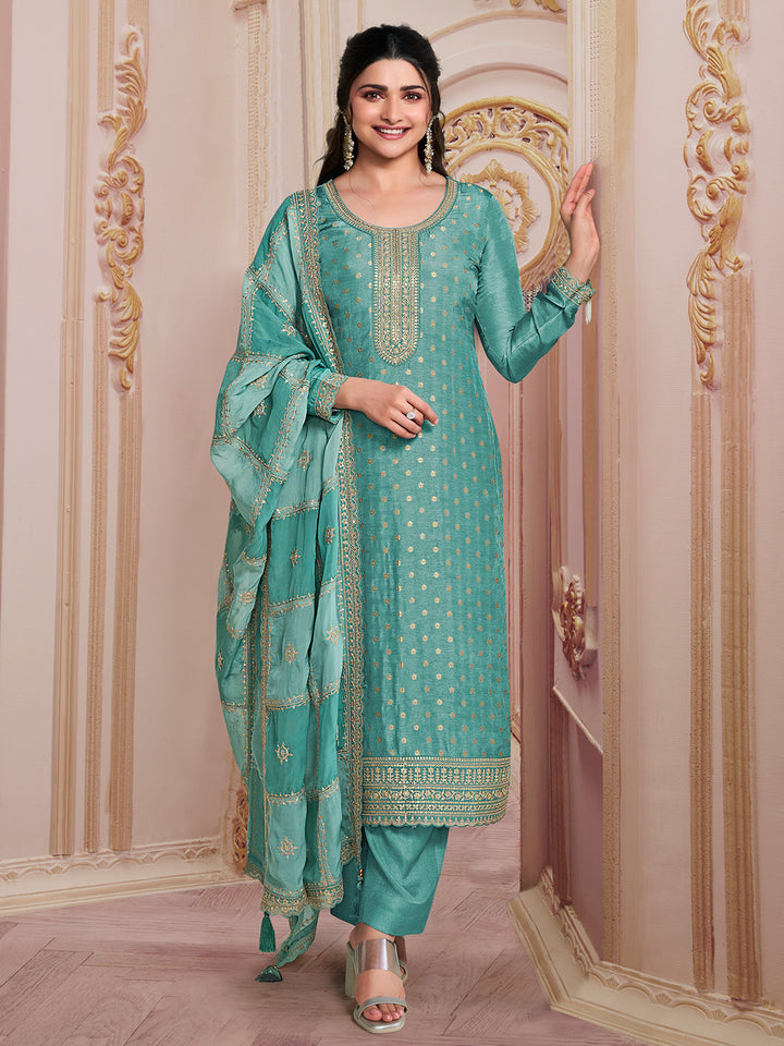 Sea Green Dola Jacquard with Heavy Sequins Embroidery Kurta Suit set by Qivii