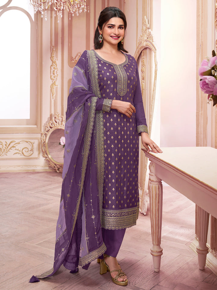 Purple Dola Jacquard with Heavy Sequins Embroidery Kurta Suit set by Qivii