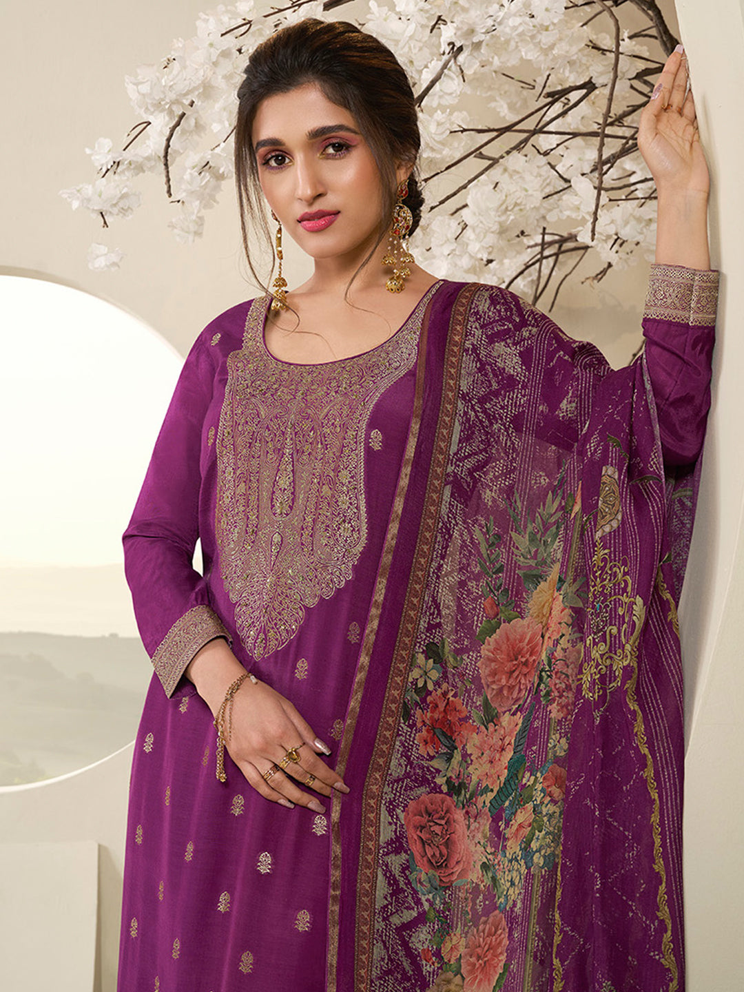 Muslin Jacquard Kurta Suit Set with Pencil Sketch Weave Handwork on Yoke by Qivii