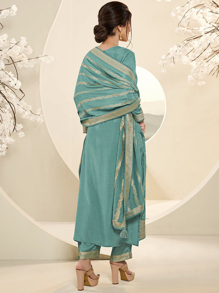 Sea Green Muslin Jacquard Kurta Suit Set with Champagne Thread Weave and Pencil Sketch Weave Yoke by Qivii