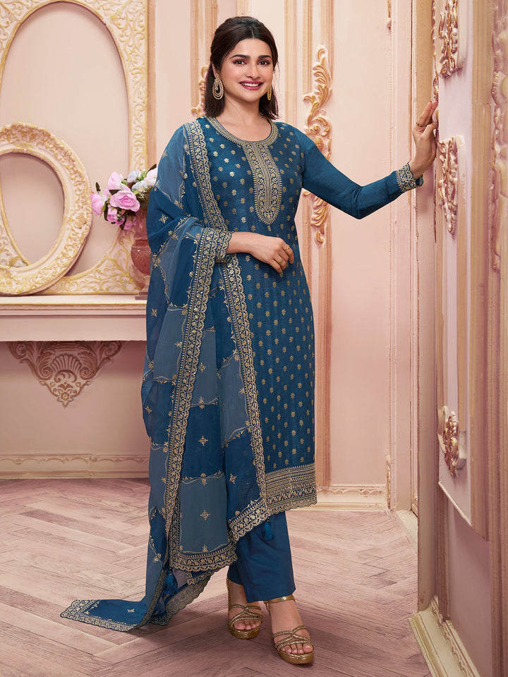 Dark Blue Dola Jacquard with Heavy Sequins Embroidery Kurta Suit set by Qivii