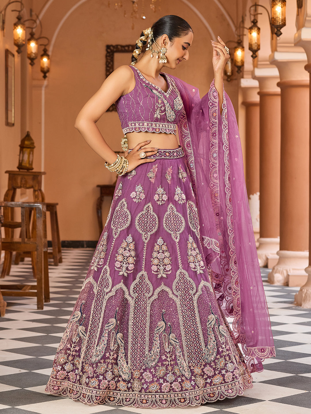 LAVENDER - Net Fabric Sequins embroidery Semi-Stitched Lehenga & Unstitched Blouse With Dupatta