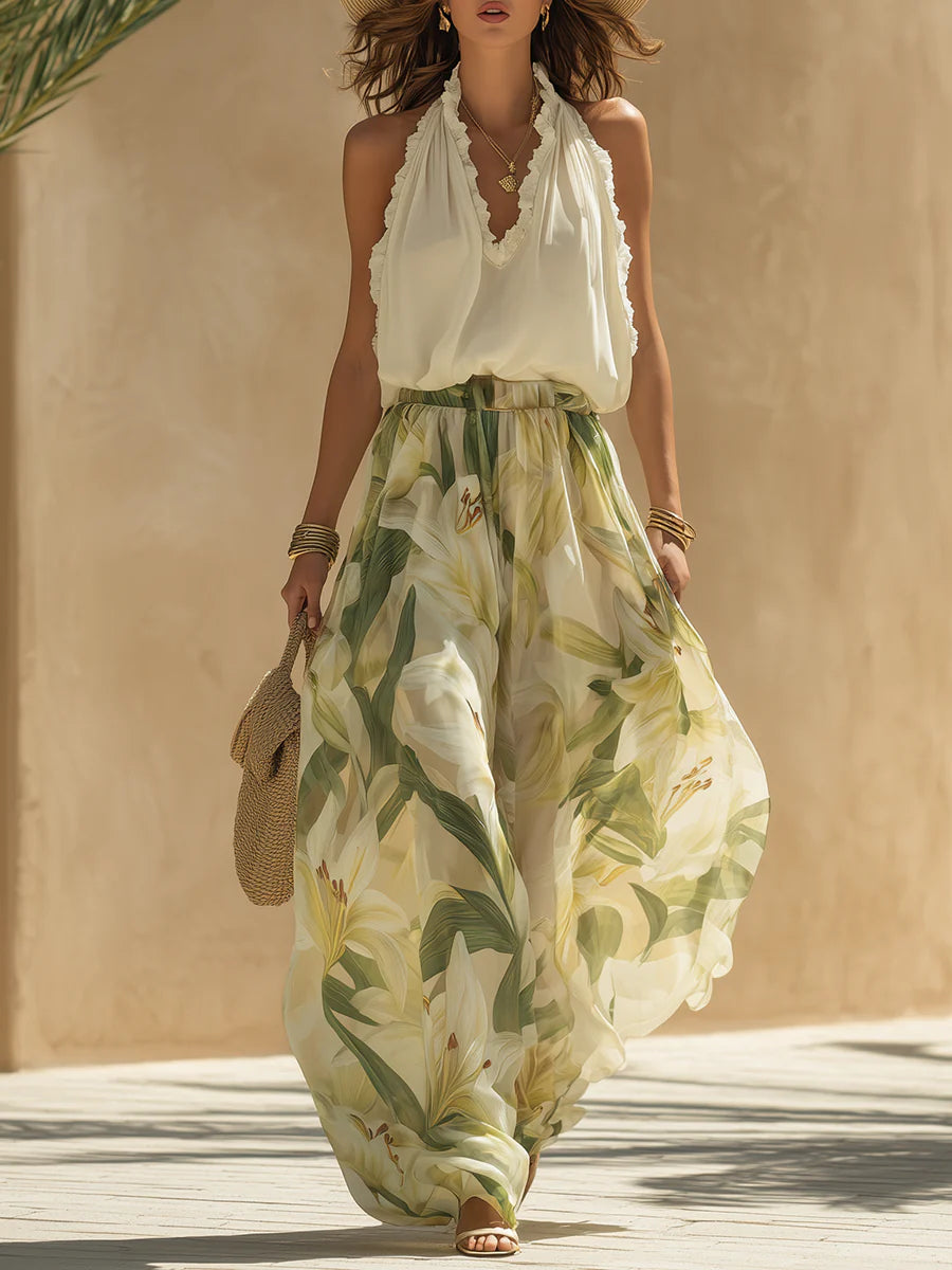 Suzanne | Elegant Floral Wide Leg Two Piece Set by Qivii