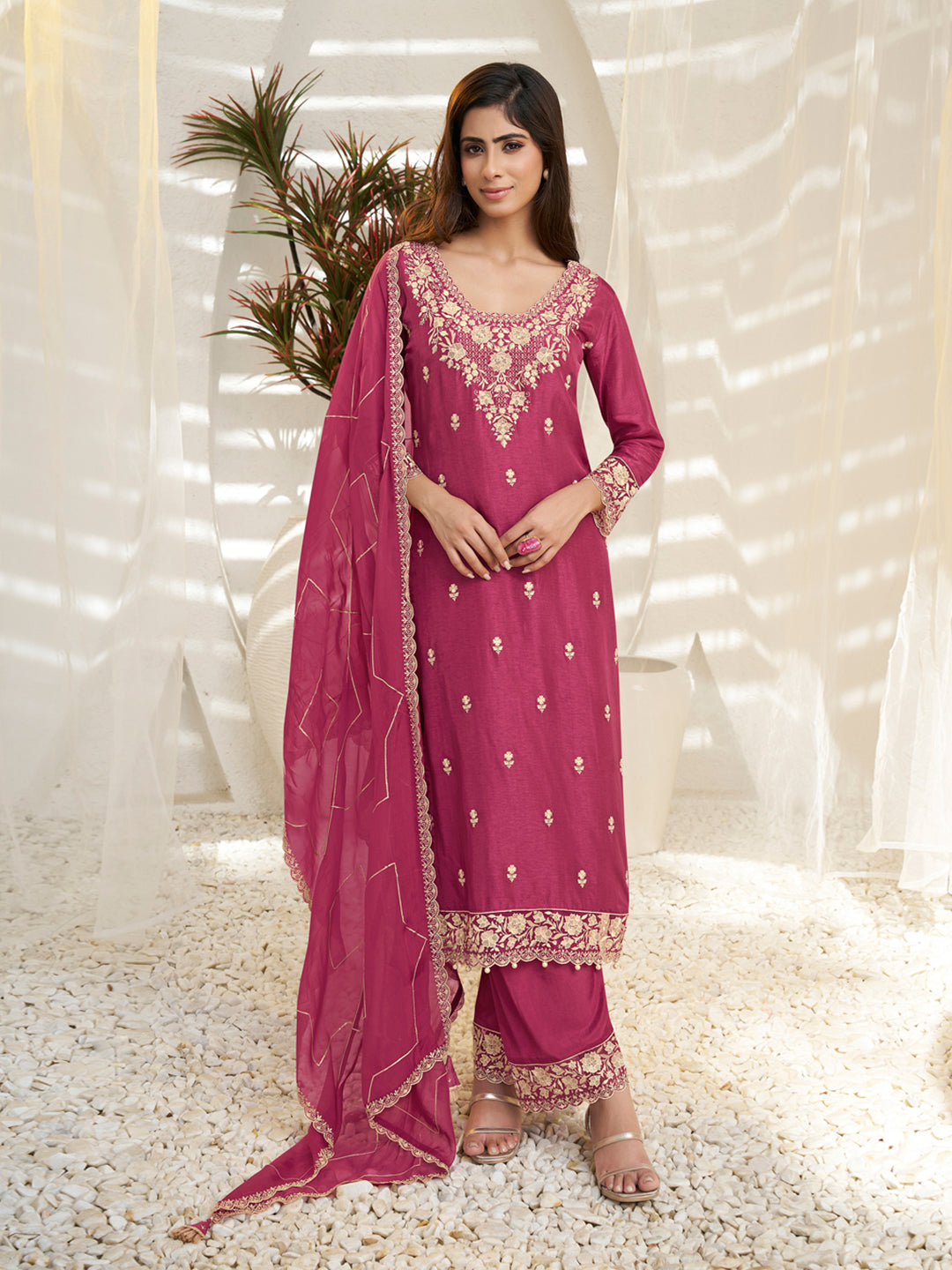 Floral and Geometric Threadwork Cherry Pink Kurta Set with Hanging Pearl Daman, Straight Pant, and Dupatta