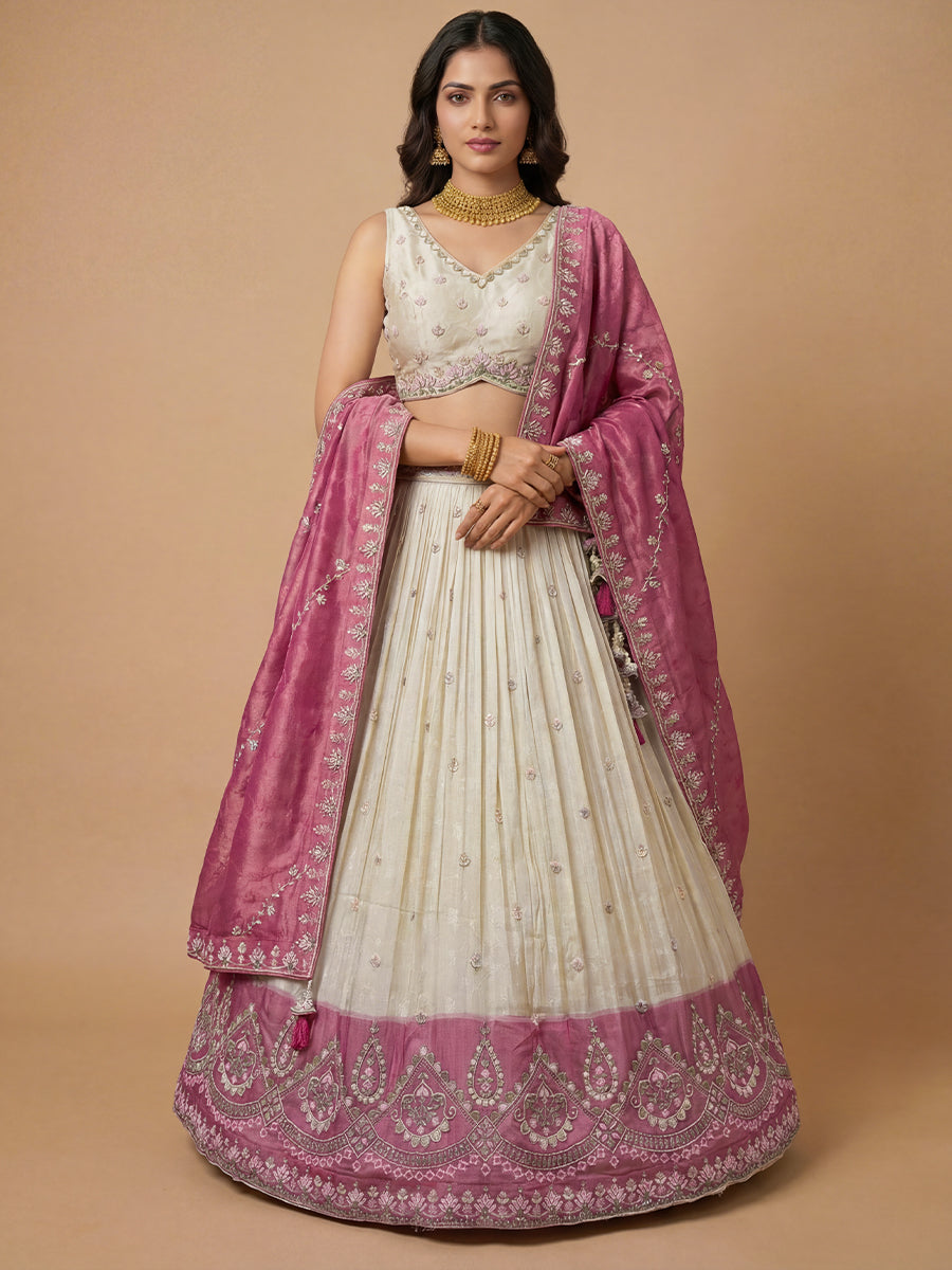 Cream & Pink Color Jacquard Tissue Sequined Embroidered Semi-Stitched Lehenga set