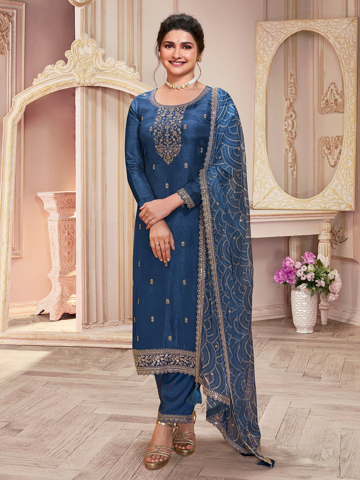 Blue Vichitra Sequins Embroidered Kurta Suit Set by Qivii