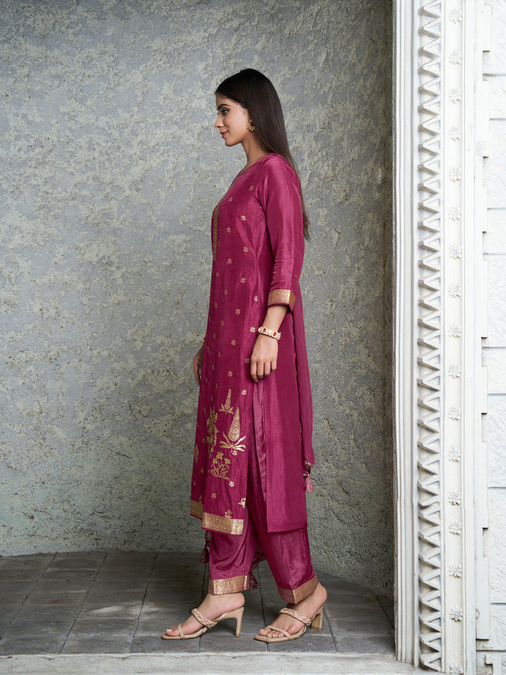 Light Wine Exquisite Placement Weaving Kurta Suit Set by Qivii