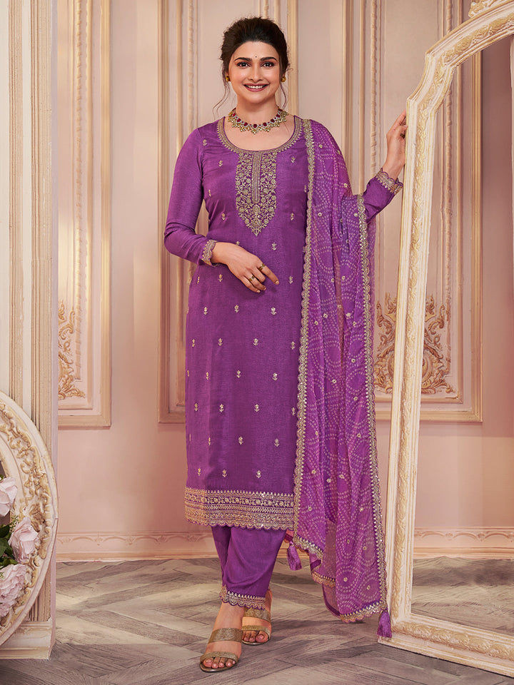 Purple Vichitra Sequins Embroidered Kurta Suit Set by Qivii