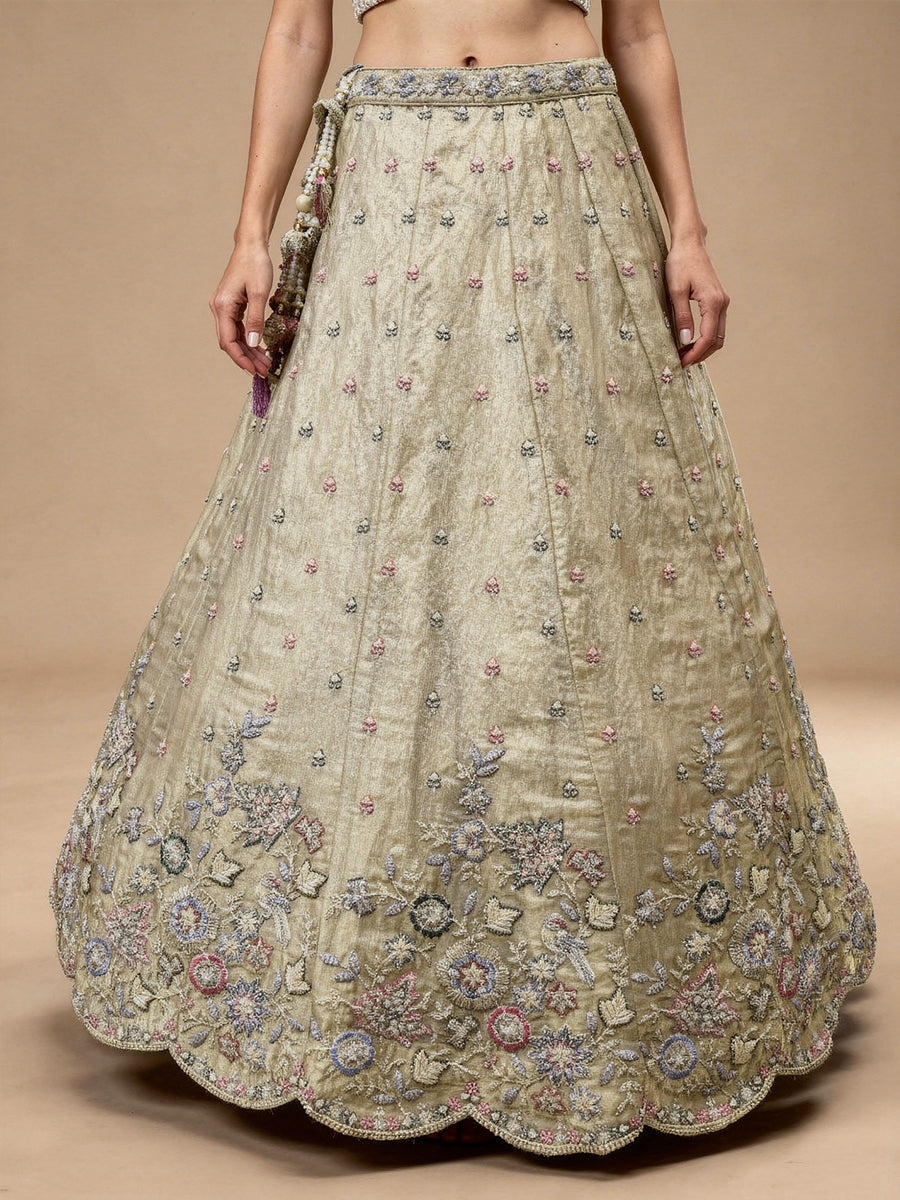 Beige-Golden Color Tissue Fabric Beads & Sequin Embroidered Semi Stitched Lehenga Choli & Dupatta