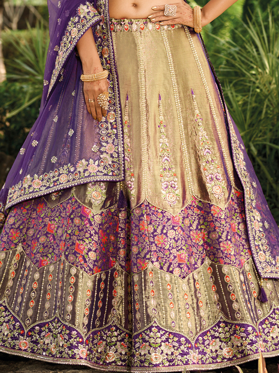 Purple-Golden Heavy Embroidered Cut Work Silk Semi Stitched Lehenga Choli