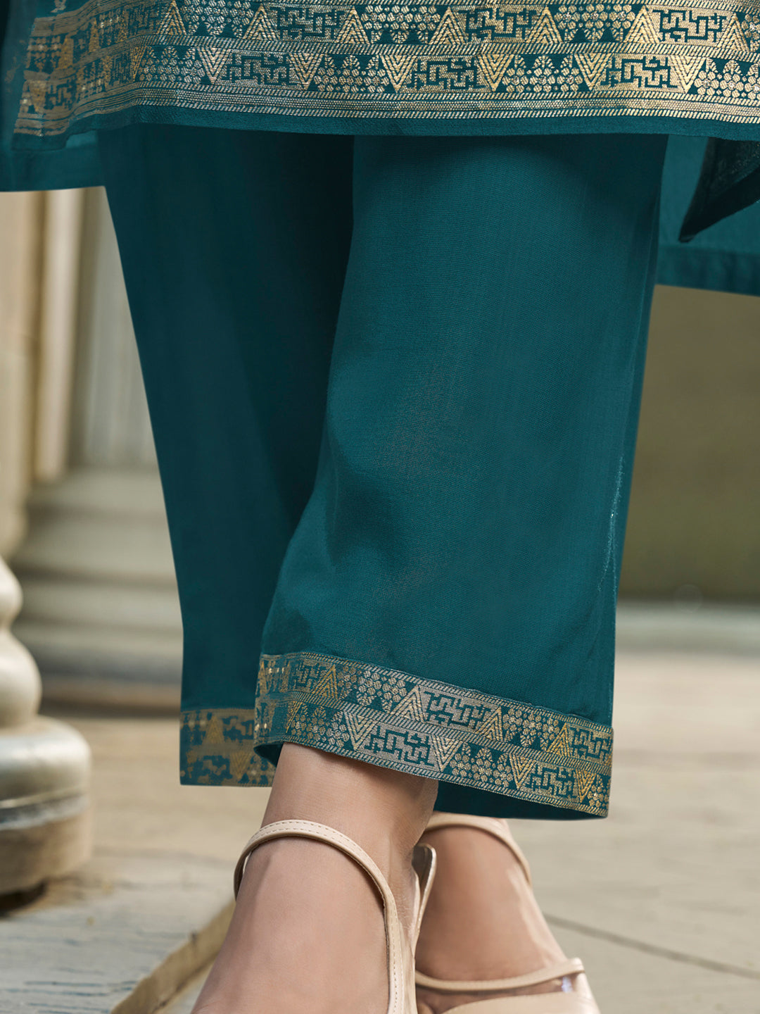 Exquisite Dark Teal Green Jacquard Kurta Suit by Qivii