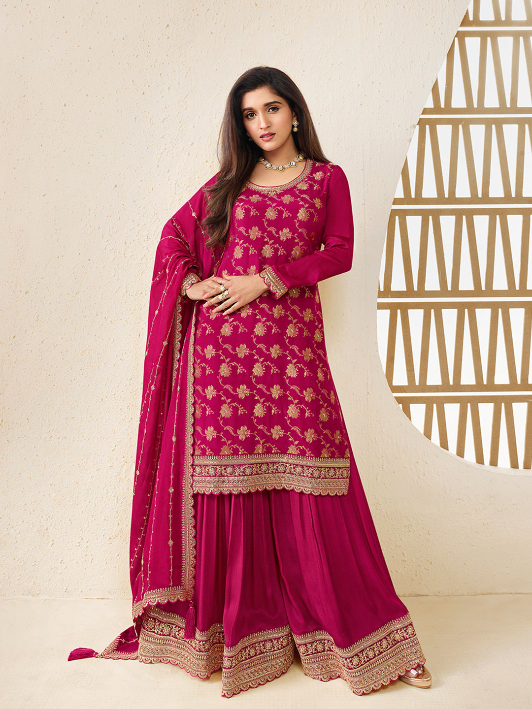 Magenta Jacquard with Embroidery Sharara Suit Set