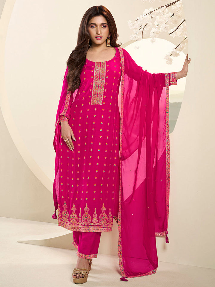 Hot Pink Muslin Jacquard Kurta Suit Set with Multi Contrast Thread Weave and Paisley Pattern Daman by Qivii