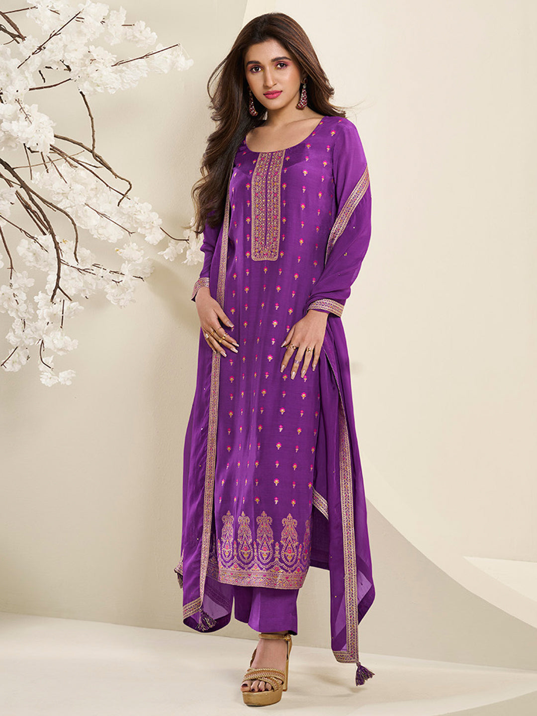 Midnight Purple Muslin Jacquard Kurta Suit Set with Multi Contrast Thread Weave and Paisley Pattern Daman