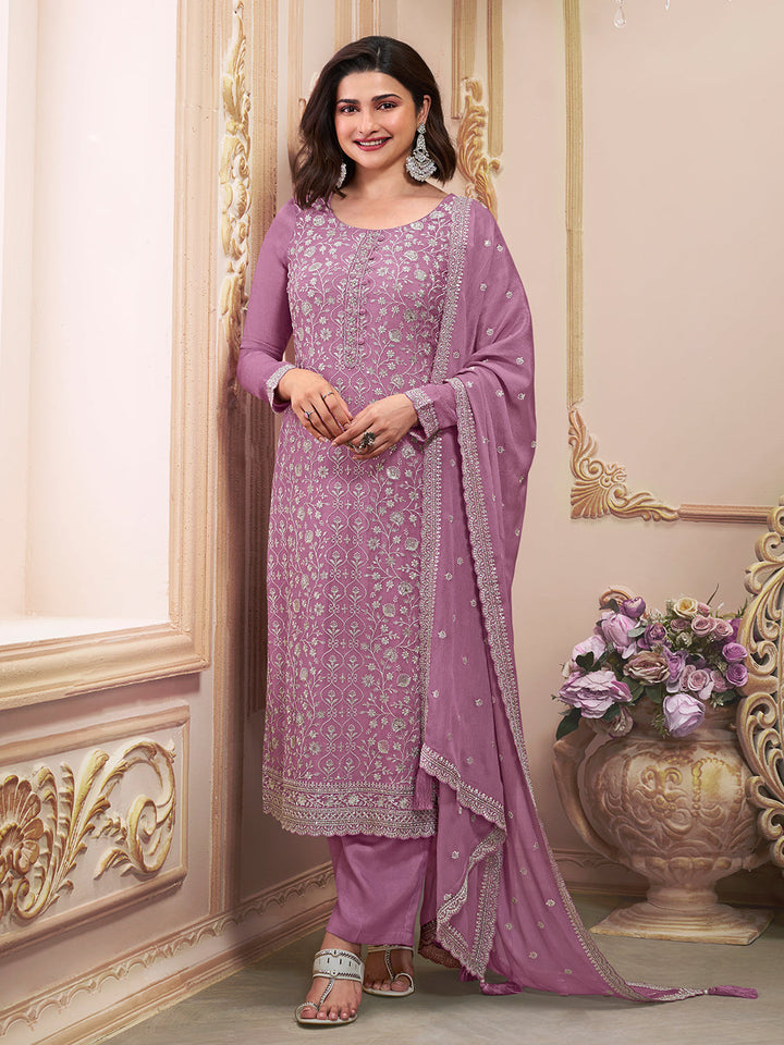 Lavender White Thread Embroidered Kurta Suit Set by Qivii