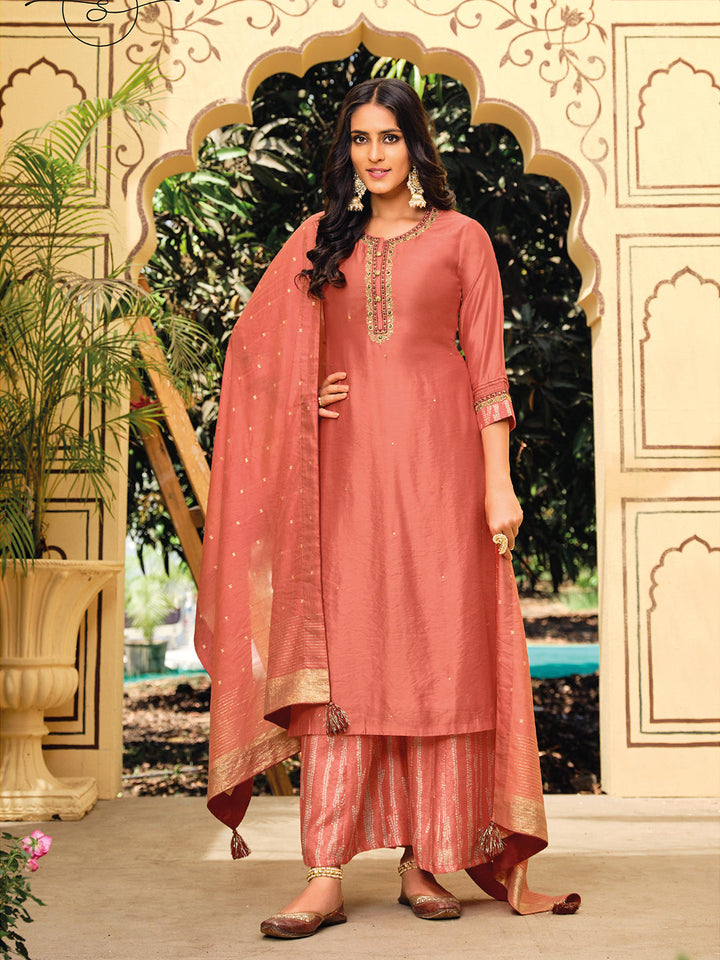 Rust Embroidery Kurta Suit Set by Qivii